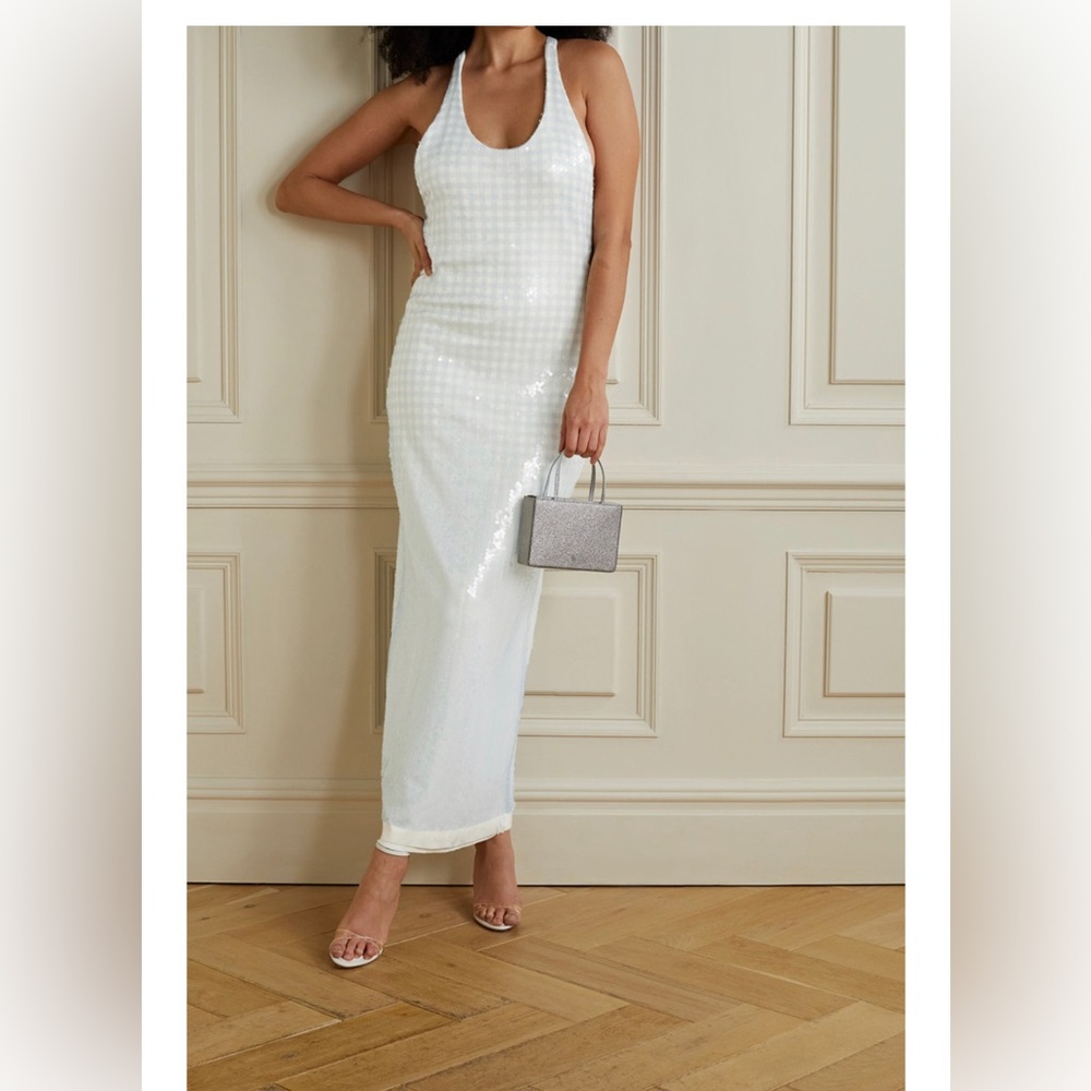 Brandon Maxwell The Liquid Maxi dress in checked sequin with tulle